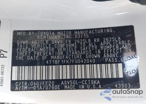 2015 Toyota Camry Se from USA, damaged, VIN 4T1BF1FK7FU042040